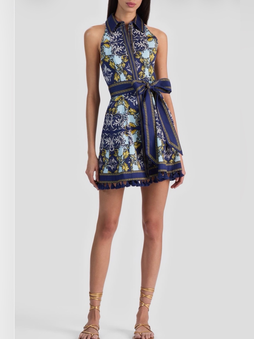 Alice + Olivia Navy, Light Blue & Gold Printed Halter Tie-Waist Mini Dress